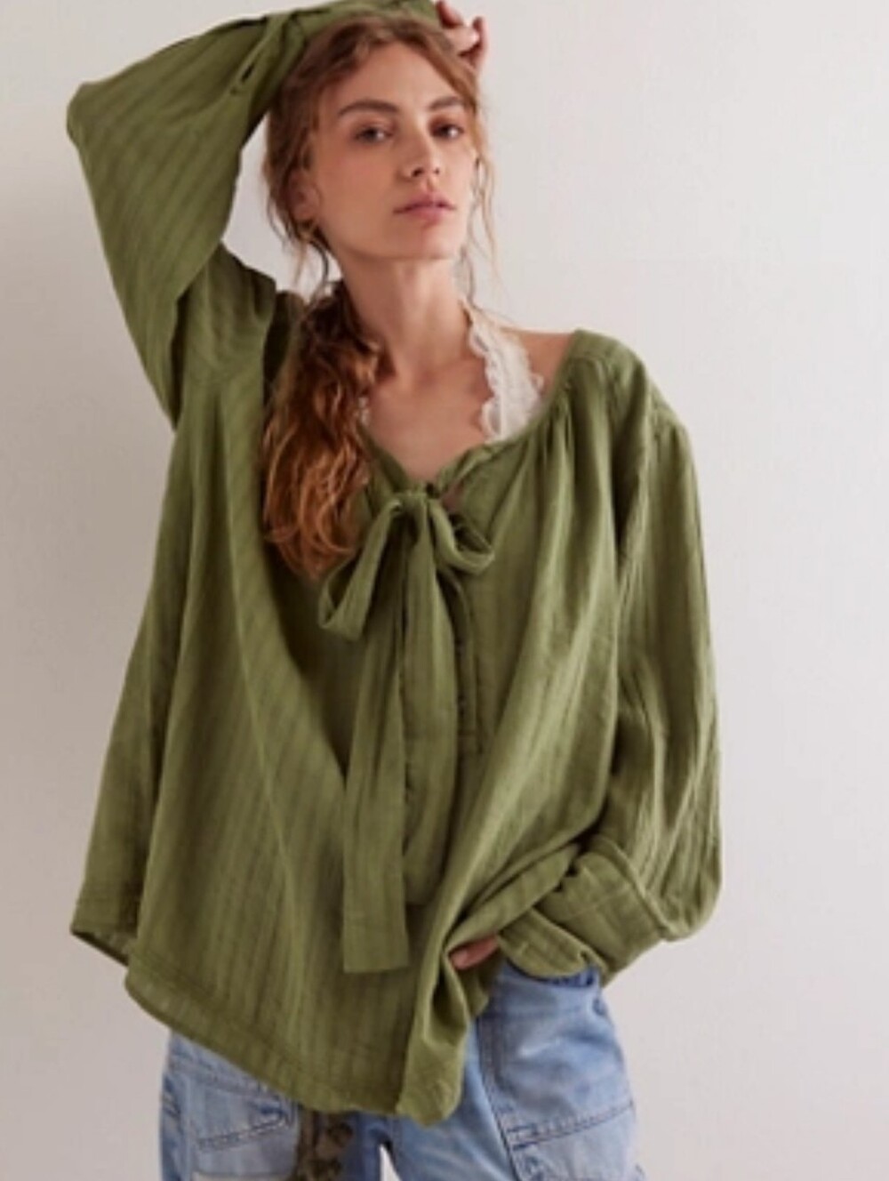 Free People We The Free Big Bow Pullover Green Tie-Neck Peasant Top NWT